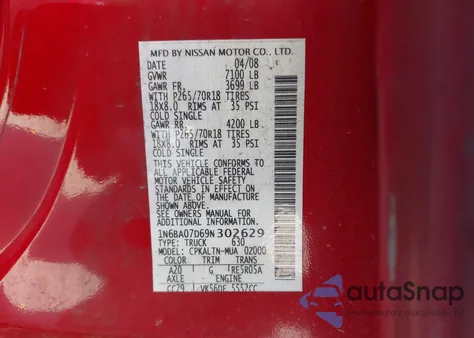 2009 Nissan Titan Se from USA, damaged, VIN 1N6BA07D69N302629
